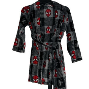 Spiderman Kids unisex bath robe size small in red grey & black fuzzy pajamas